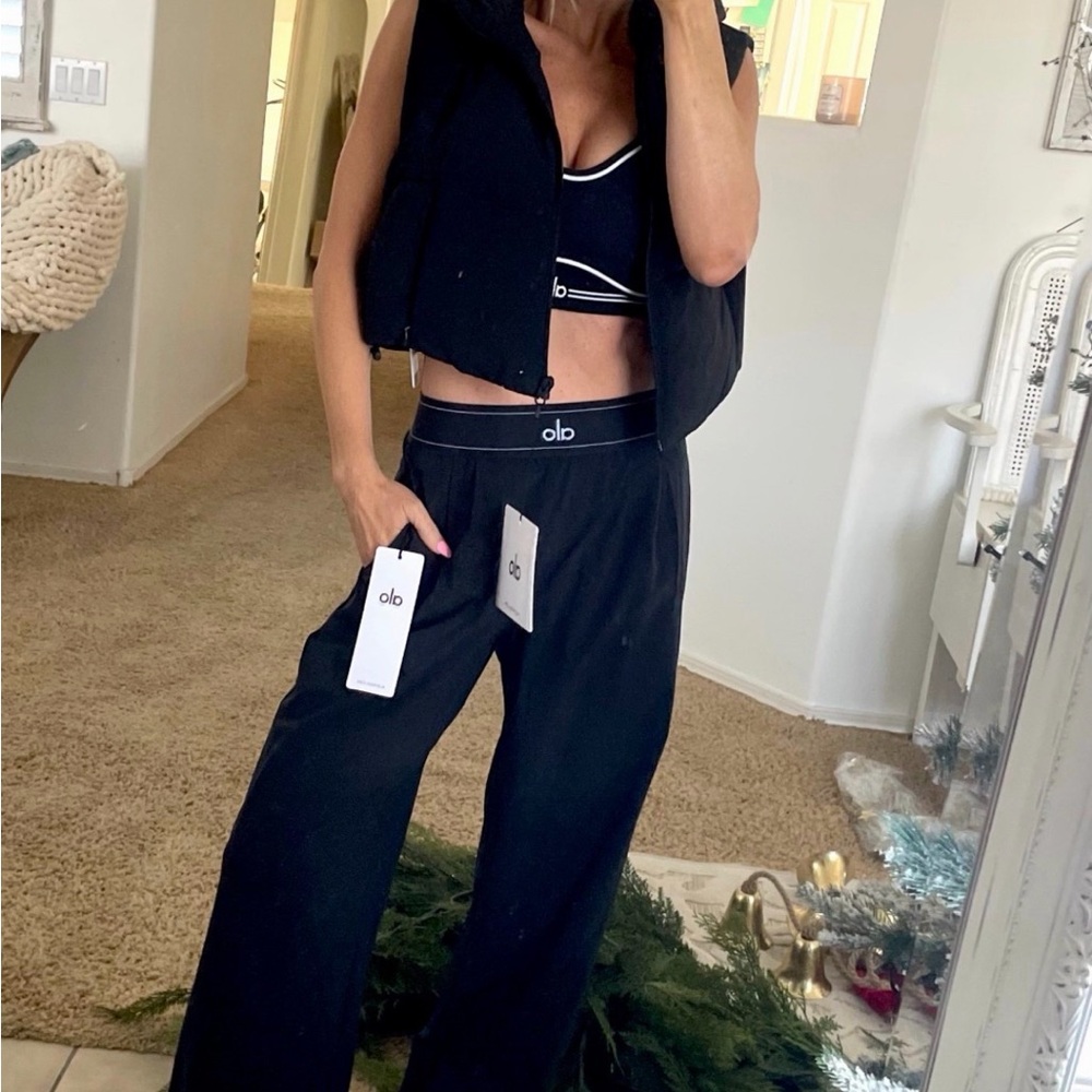 ALO Yoga Black Wide-Leg Lounge Pants with Logo Waistband